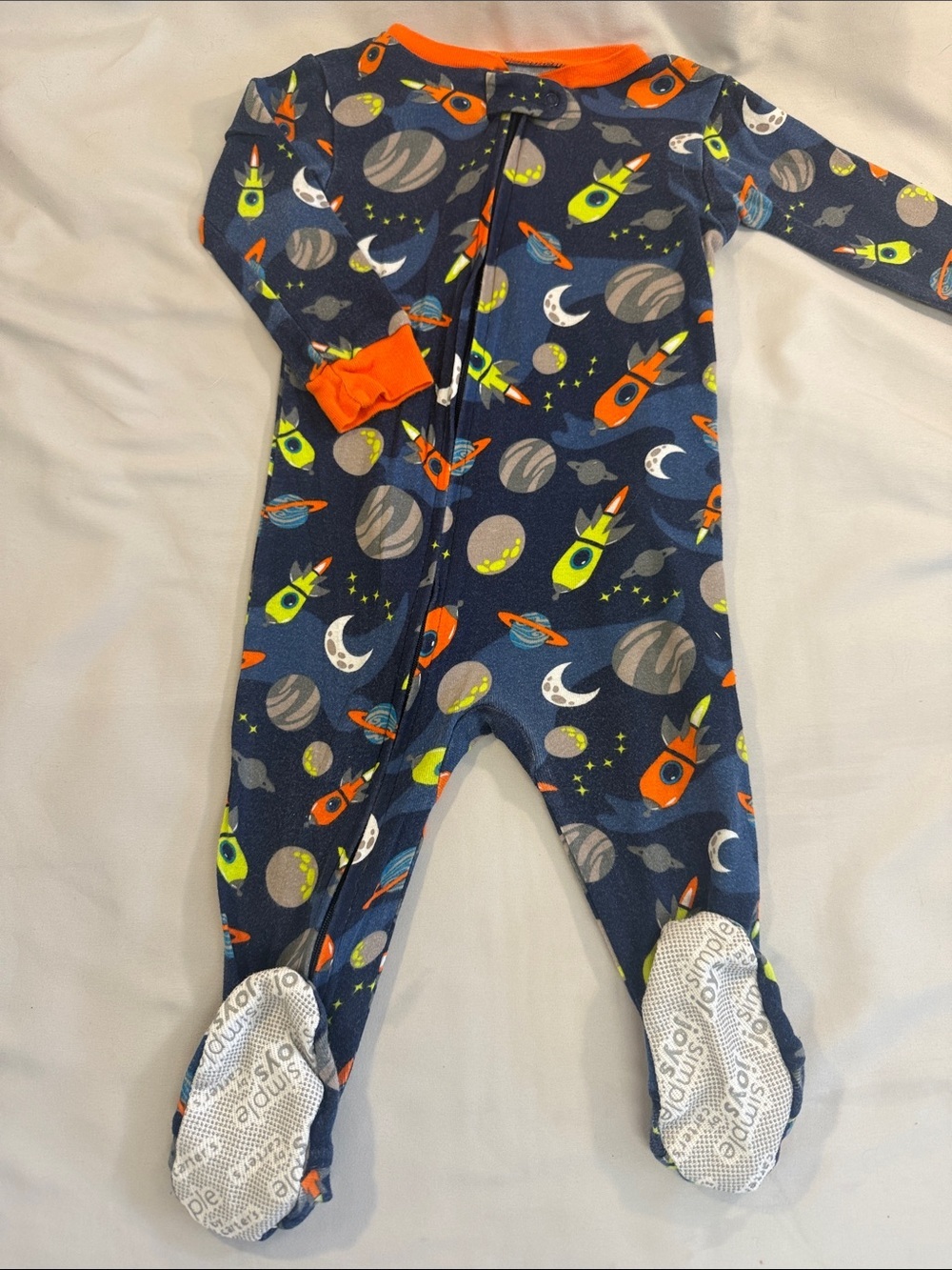Navy Rocket Print Footed Pajamas with Orange Trim